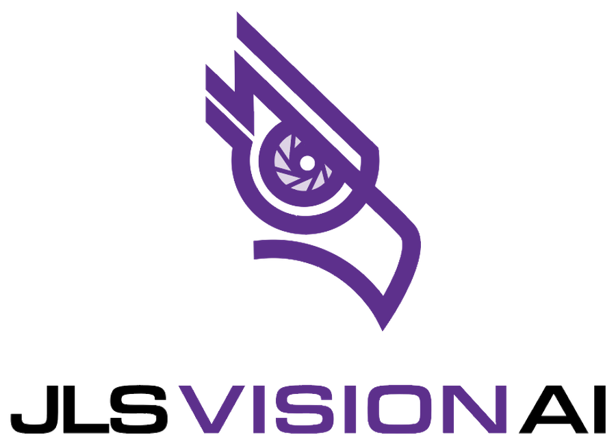 JLS Vision AI logo — raptor head with camera-aperture eye