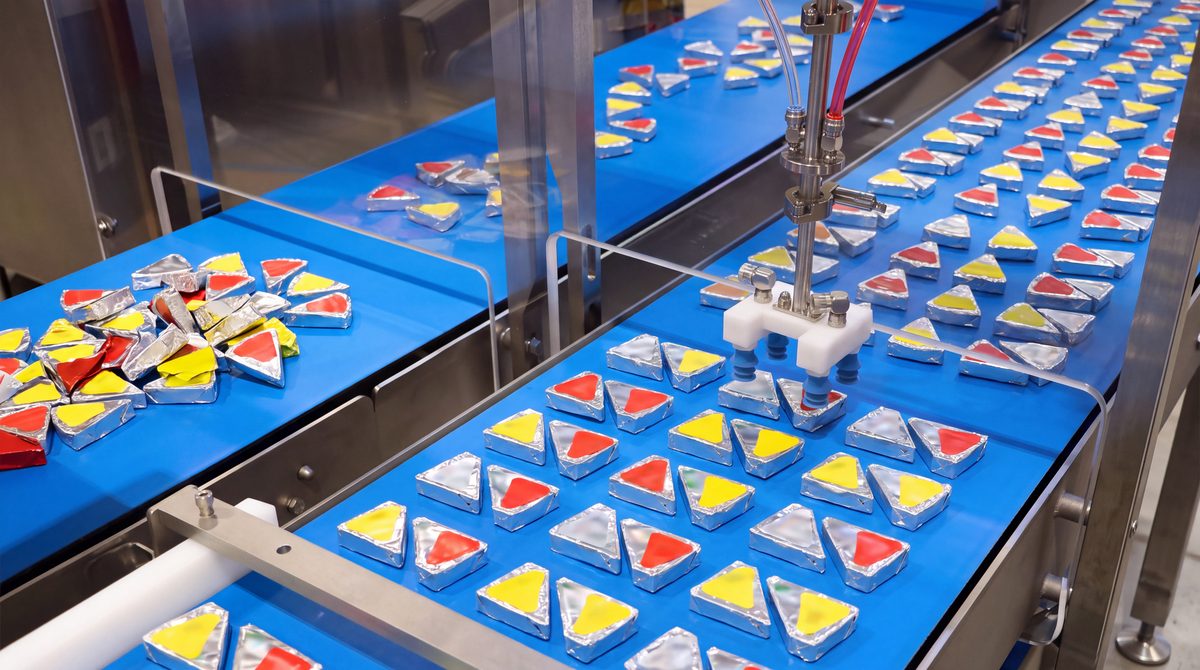 Illustration of JLS Vision AI guiding a robotic pick from a chaotic pile of foil packets into organized, pick-ready rows on a conveyor